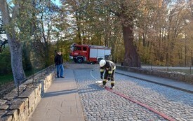 Strażak biegnie w stronę zamku