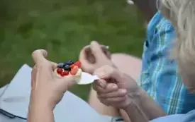 dłonie kobiety trzymające babeczkę z owocami