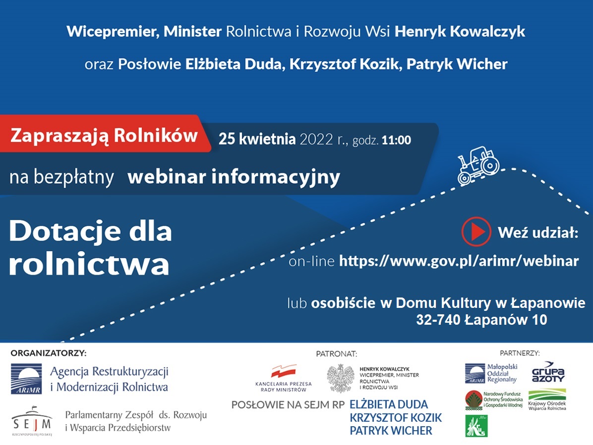 na niebieskim tle napisy o webinarze, traktor, loga