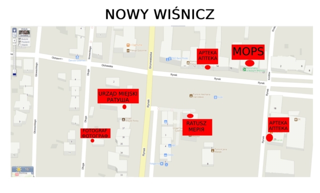 Mapa Nowego Wiśnicza mapa Nowego Wiśnicza z zaznaczonym miejsce lokalizacji fotografa, urzędu, ratusza, aptek, MOPS-u