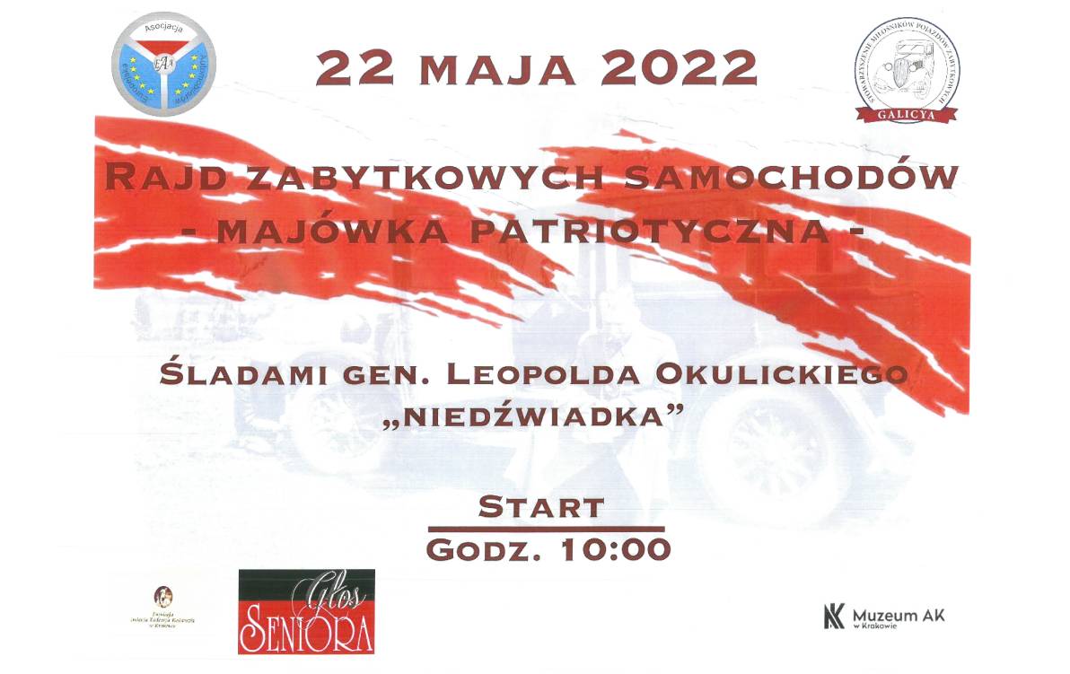 loga i&nbsp;dane dotyczące wydarzenia, pod tekstem rozjaśnione zdjęcie, na&nbsp;którym widać samochód, siedzącego na&nbsp;stopniu dorosłego mężczyznę, przed przednim kołem też osoba, która coś czyści
