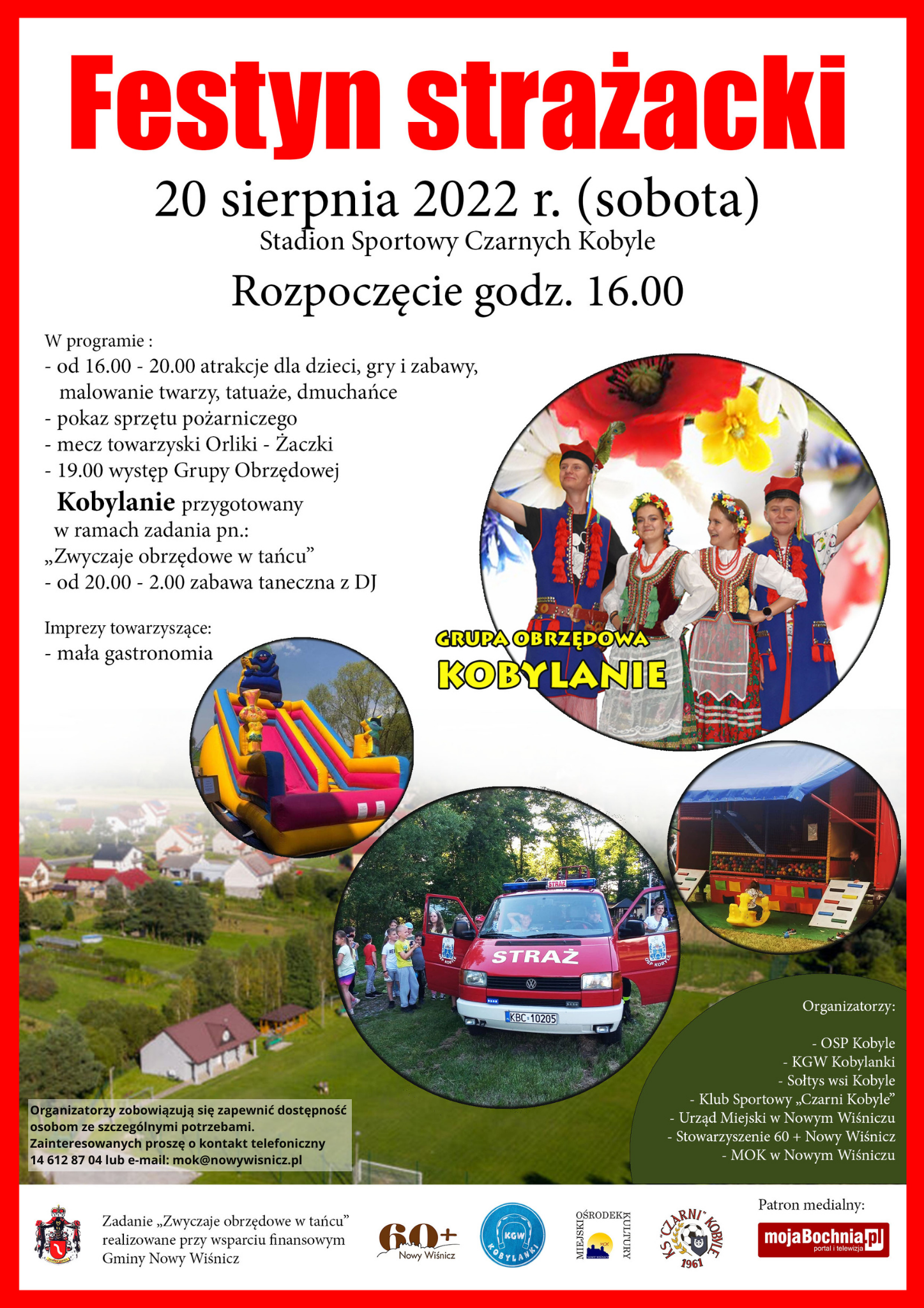 Na górze plakatu informacje o festynie strażackim, w tle zdjęcie stadionu sportowego, na małych zdjęciach: grupa obrzędowa, dmuchana zjeżdżalnia, scena i wóz strażacki