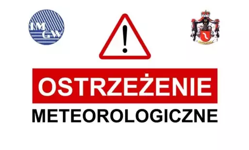 napis ostrzeżenie meteorologiczne, od prawej herb gminy czerwony prostokąt i logo imgw