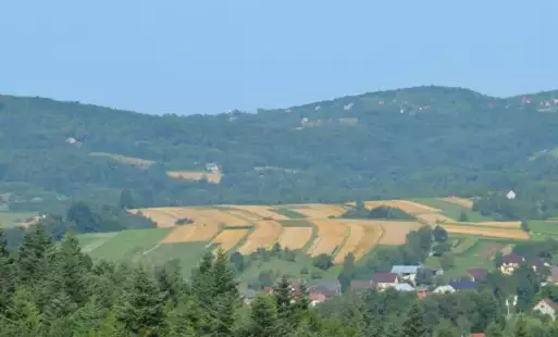 Panorama na wieś z polami uprawnymi