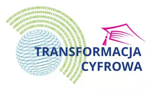 napis transformacja cyfrowa, niebieska kula, zielone półksiężyce, różowy zarys domku