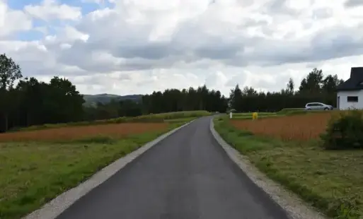 droga, pola, las, niebo z chmurami, po prawej dom i auto