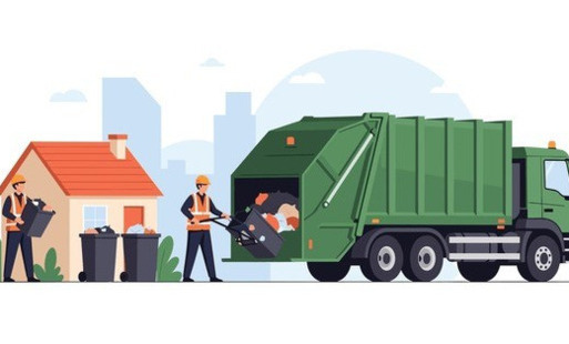 rysunek ze śmieciarką i panami pakującymi śmieci do niej