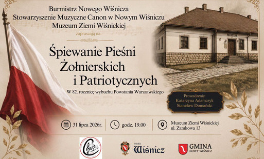 grafika z flagą Polski i budynkiem Wiśnickiego Muzeum