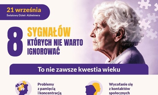 starsza kobieta, fioletowe tło, napisy