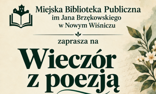 na kremowym tle napisy nazwa biblioteki , zaprasz na wieczór z poezją 